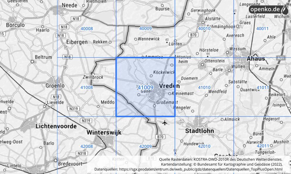 Übersichtskarte KOSTRA-DWD-2010R Rasterfeld Nr. 41009 mit angrenzenden Feldern