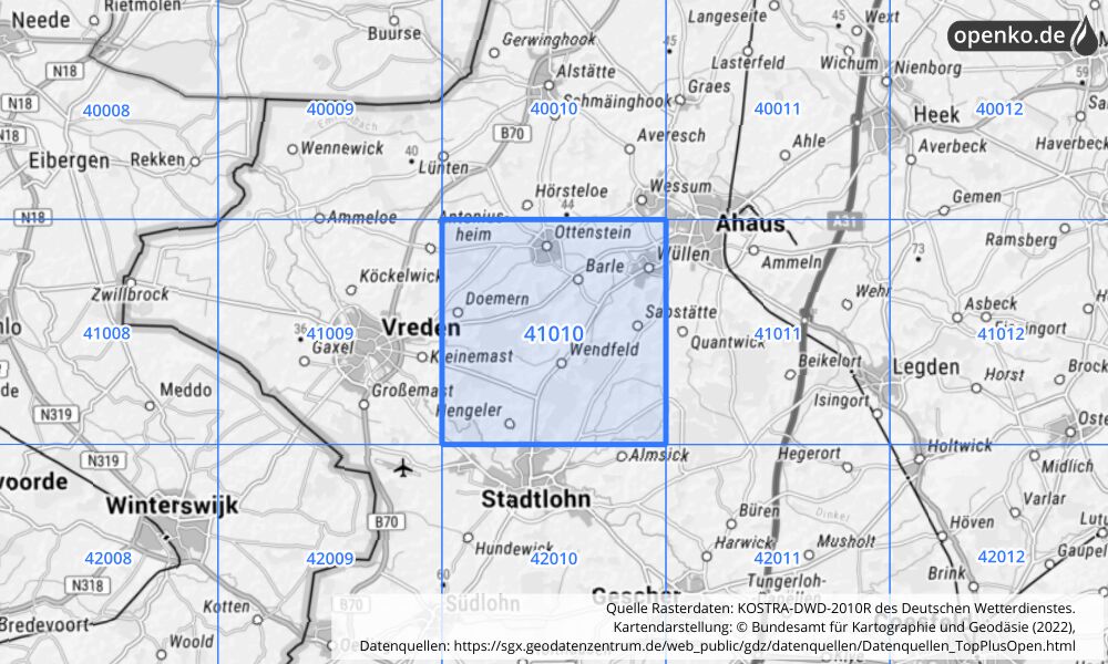 Übersichtskarte KOSTRA-DWD-2010R Rasterfeld Nr. 41010 mit angrenzenden Feldern