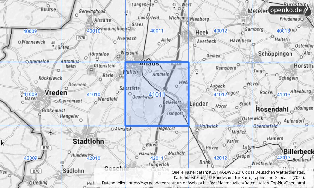 Übersichtskarte KOSTRA-DWD-2010R Rasterfeld Nr. 41011 mit angrenzenden Feldern