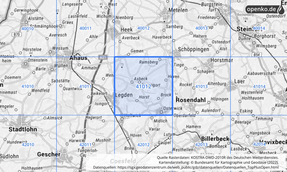 Übersichtskarte KOSTRA-DWD-2010R Rasterfeld Nr. 41012 mit angrenzenden Feldern