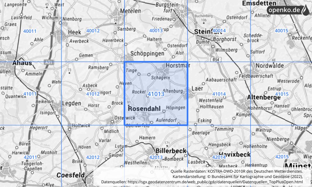 Übersichtskarte KOSTRA-DWD-2010R Rasterfeld Nr. 41013 mit angrenzenden Feldern