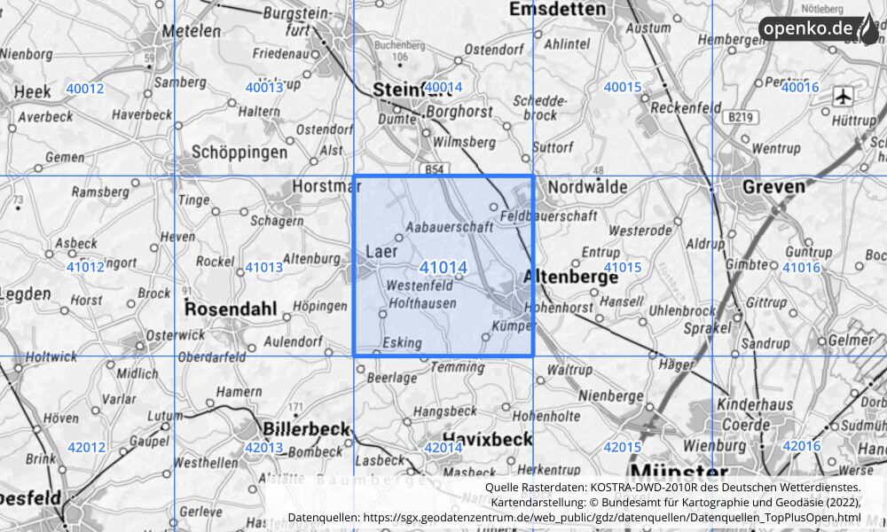 Übersichtskarte KOSTRA-DWD-2010R Rasterfeld Nr. 41014 mit angrenzenden Feldern