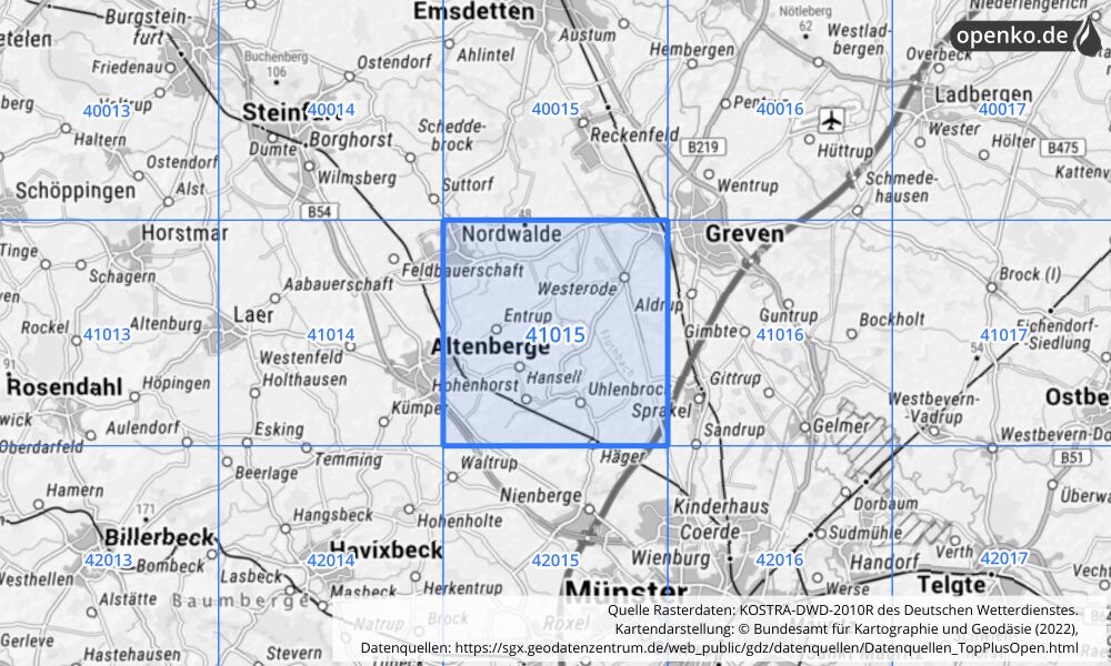 Übersichtskarte KOSTRA-DWD-2010R Rasterfeld Nr. 41015 mit angrenzenden Feldern