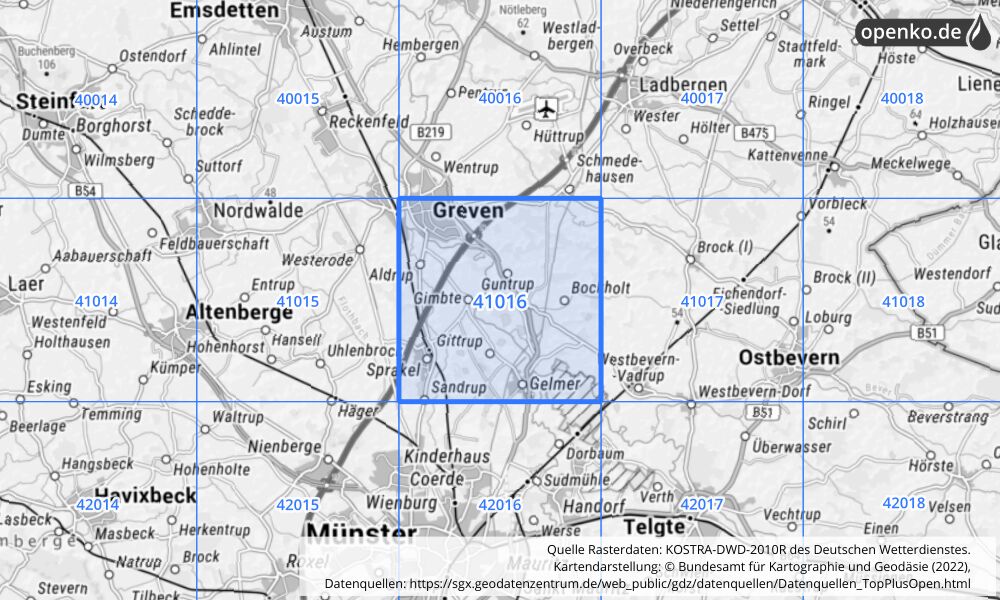 Übersichtskarte KOSTRA-DWD-2010R Rasterfeld Nr. 41016 mit angrenzenden Feldern