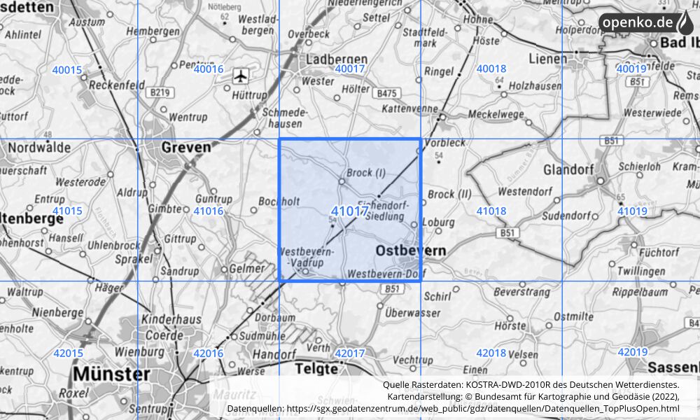 Übersichtskarte KOSTRA-DWD-2010R Rasterfeld Nr. 41017 mit angrenzenden Feldern