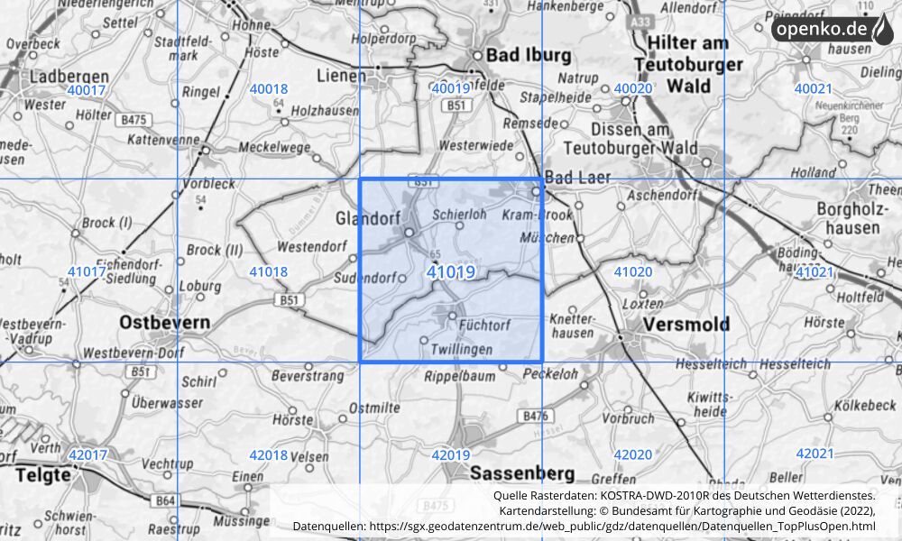 Übersichtskarte KOSTRA-DWD-2010R Rasterfeld Nr. 41019 mit angrenzenden Feldern