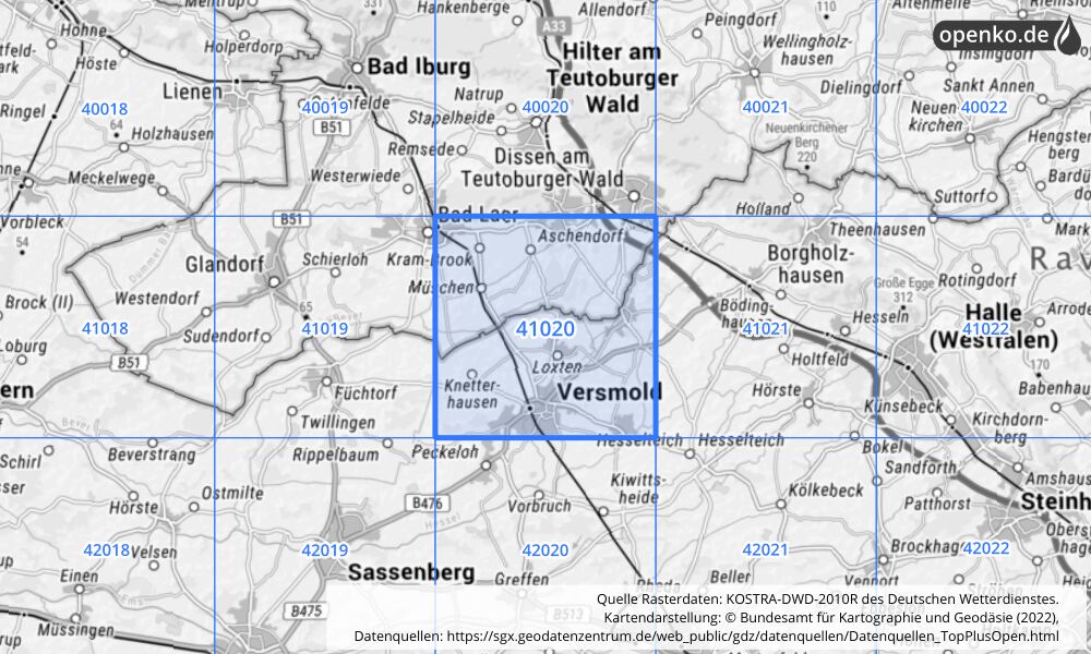 Übersichtskarte KOSTRA-DWD-2010R Rasterfeld Nr. 41020 mit angrenzenden Feldern