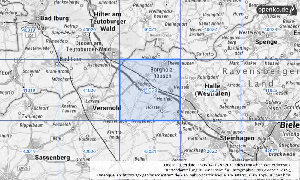 Übersichtskarte KOSTRA-DWD-2010R Rasterfeld Nr. 41021 mit angrenzenden Feldern