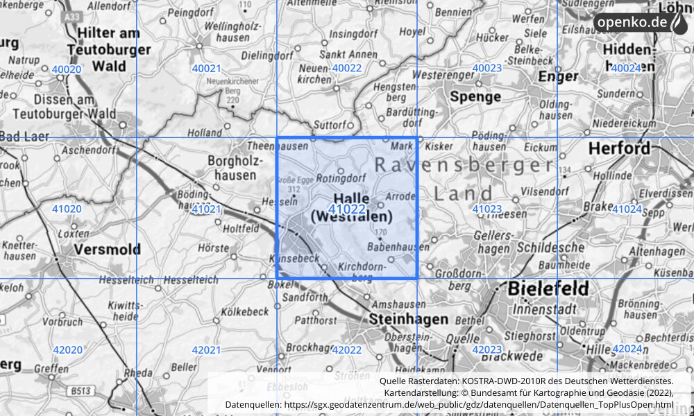 Übersichtskarte KOSTRA-DWD-2010R Rasterfeld Nr. 41022 mit angrenzenden Feldern