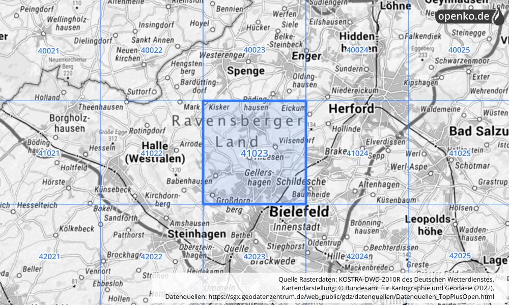 Übersichtskarte KOSTRA-DWD-2010R Rasterfeld Nr. 41023 mit angrenzenden Feldern