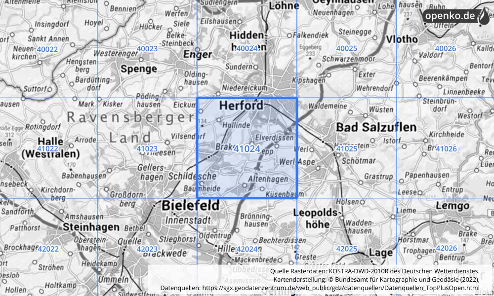 Übersichtskarte KOSTRA-DWD-2010R Rasterfeld Nr. 41024 mit angrenzenden Feldern