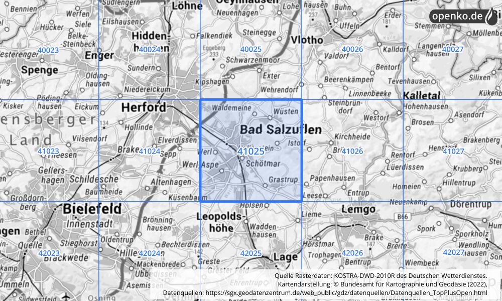 Übersichtskarte KOSTRA-DWD-2010R Rasterfeld Nr. 41025 mit angrenzenden Feldern