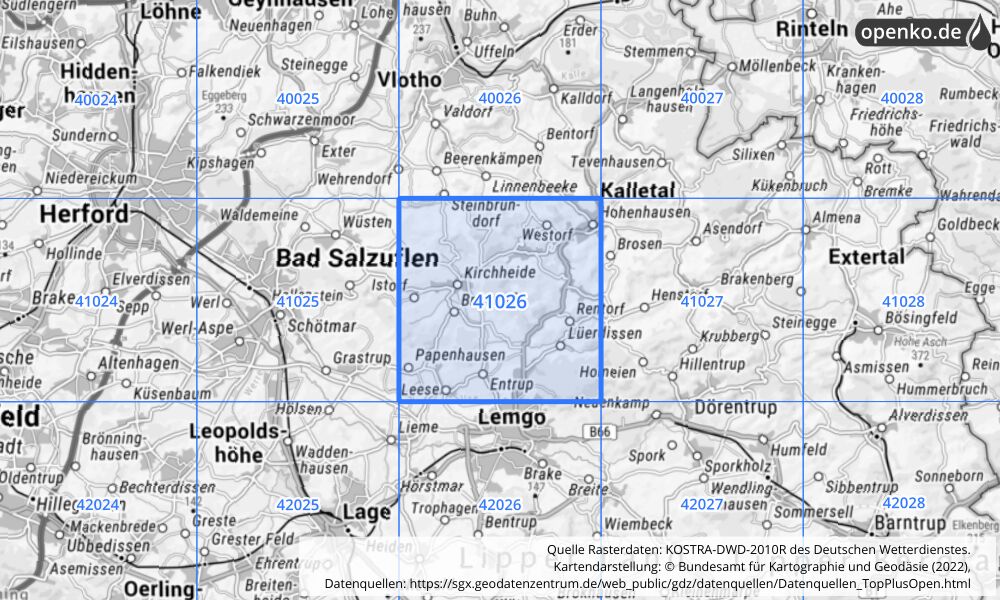 Übersichtskarte KOSTRA-DWD-2010R Rasterfeld Nr. 41026 mit angrenzenden Feldern