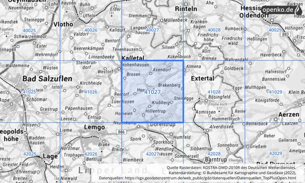 Übersichtskarte KOSTRA-DWD-2010R Rasterfeld Nr. 41027 mit angrenzenden Feldern