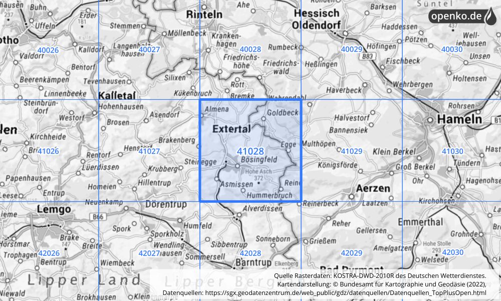 Übersichtskarte KOSTRA-DWD-2010R Rasterfeld Nr. 41028 mit angrenzenden Feldern