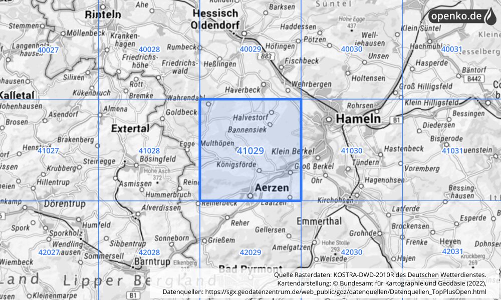 Übersichtskarte KOSTRA-DWD-2010R Rasterfeld Nr. 41029 mit angrenzenden Feldern