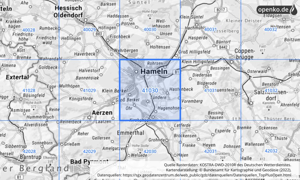 Übersichtskarte KOSTRA-DWD-2010R Rasterfeld Nr. 41030 mit angrenzenden Feldern