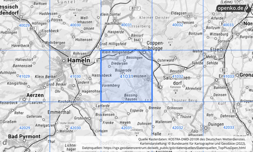 Übersichtskarte KOSTRA-DWD-2010R Rasterfeld Nr. 41031 mit angrenzenden Feldern