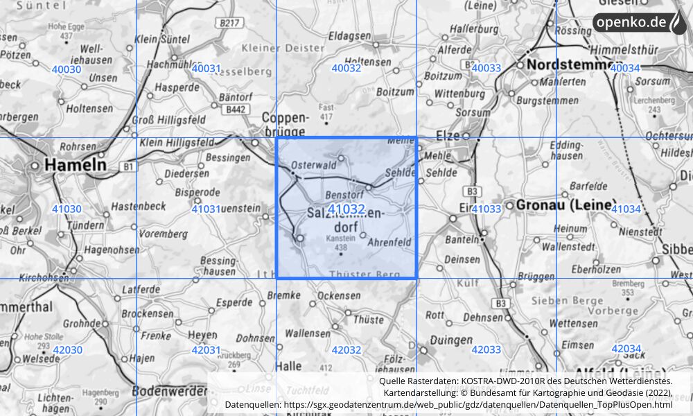 Übersichtskarte KOSTRA-DWD-2010R Rasterfeld Nr. 41032 mit angrenzenden Feldern