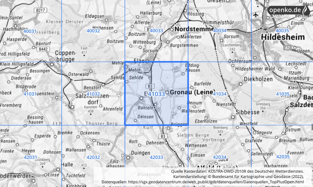 Übersichtskarte KOSTRA-DWD-2010R Rasterfeld Nr. 41033 mit angrenzenden Feldern