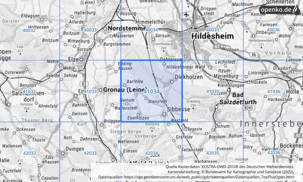 Übersichtskarte KOSTRA-DWD-2010R Rasterfeld Nr. 41034 mit angrenzenden Feldern