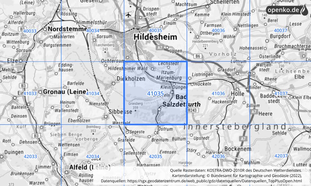 Übersichtskarte KOSTRA-DWD-2010R Rasterfeld Nr. 41035 mit angrenzenden Feldern