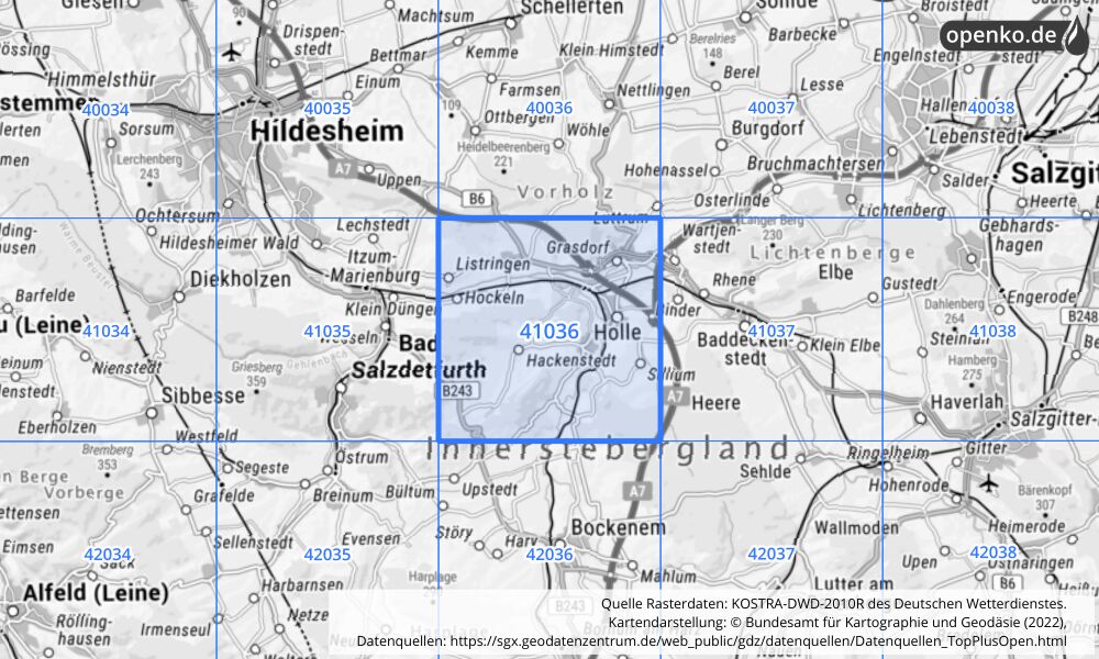 Übersichtskarte KOSTRA-DWD-2010R Rasterfeld Nr. 41036 mit angrenzenden Feldern