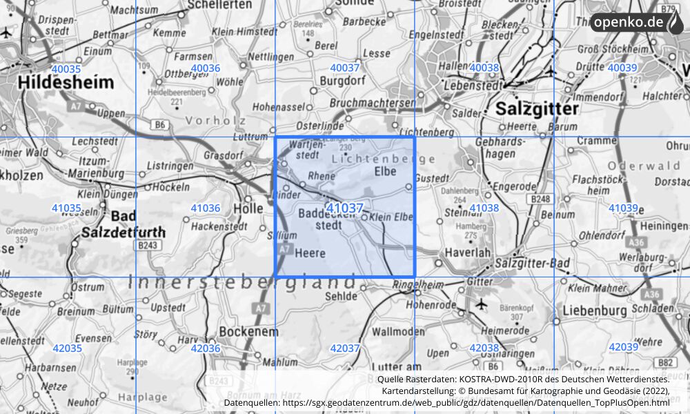 Übersichtskarte KOSTRA-DWD-2010R Rasterfeld Nr. 41037 mit angrenzenden Feldern