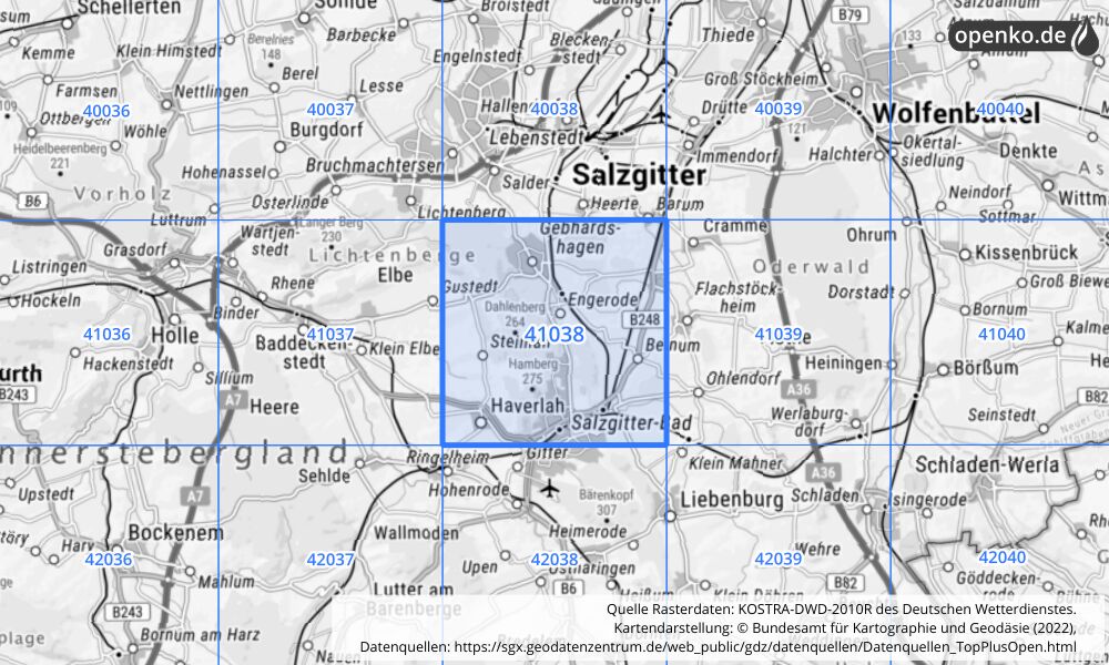 Übersichtskarte KOSTRA-DWD-2010R Rasterfeld Nr. 41038 mit angrenzenden Feldern