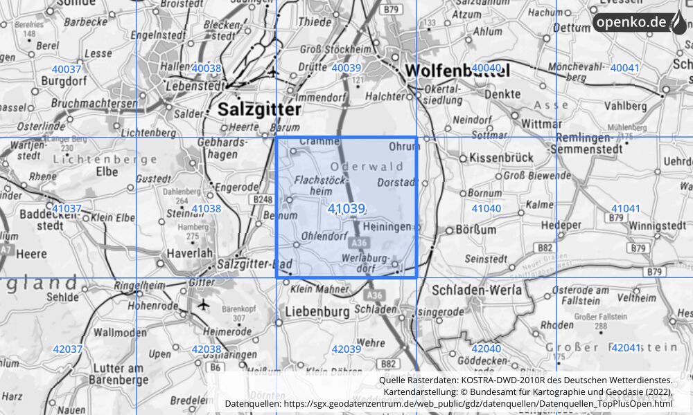 Übersichtskarte KOSTRA-DWD-2010R Rasterfeld Nr. 41039 mit angrenzenden Feldern