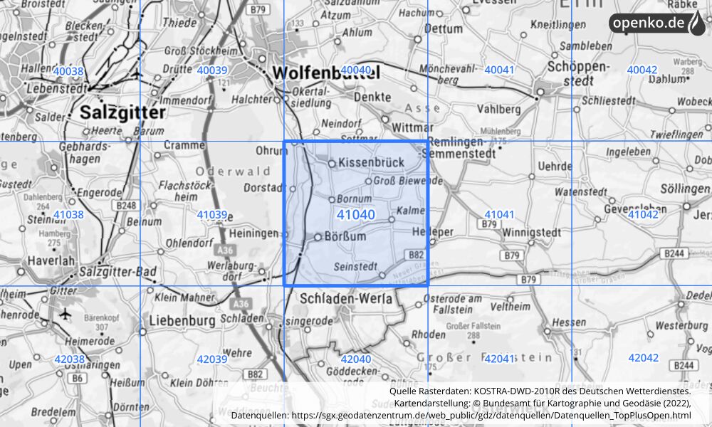 Übersichtskarte KOSTRA-DWD-2010R Rasterfeld Nr. 41040 mit angrenzenden Feldern