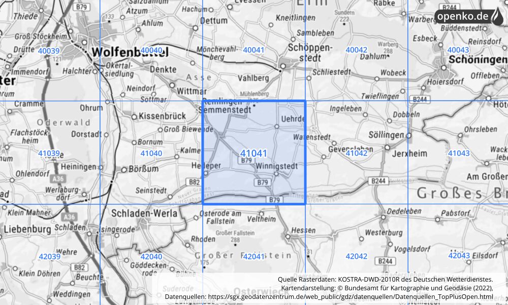 Übersichtskarte KOSTRA-DWD-2010R Rasterfeld Nr. 41041 mit angrenzenden Feldern