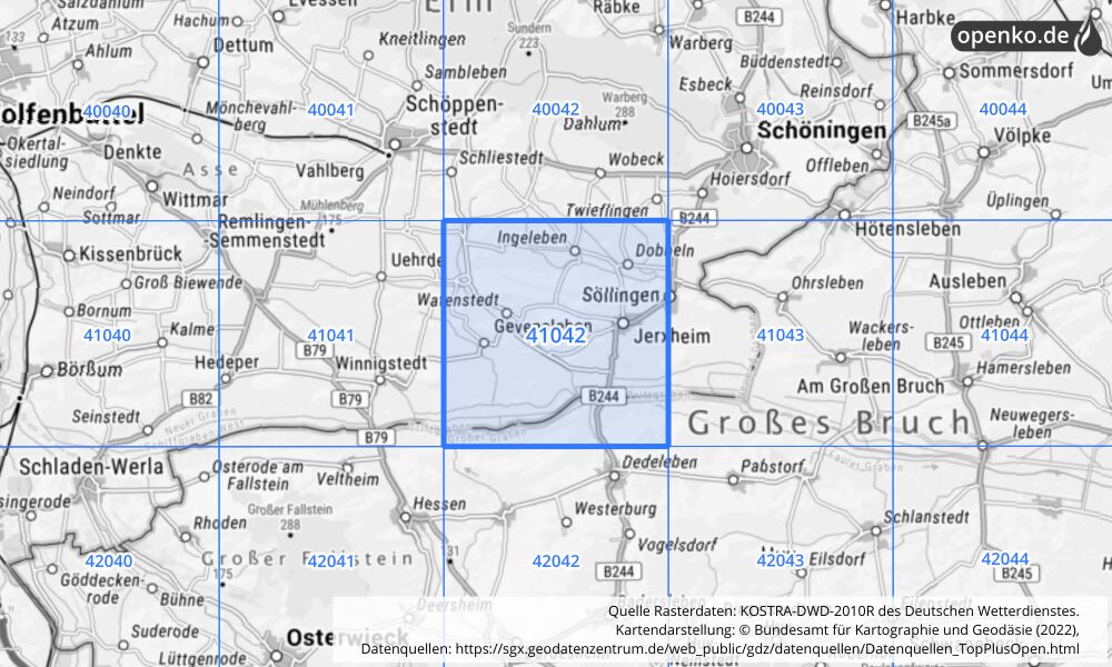 Übersichtskarte KOSTRA-DWD-2010R Rasterfeld Nr. 41042 mit angrenzenden Feldern