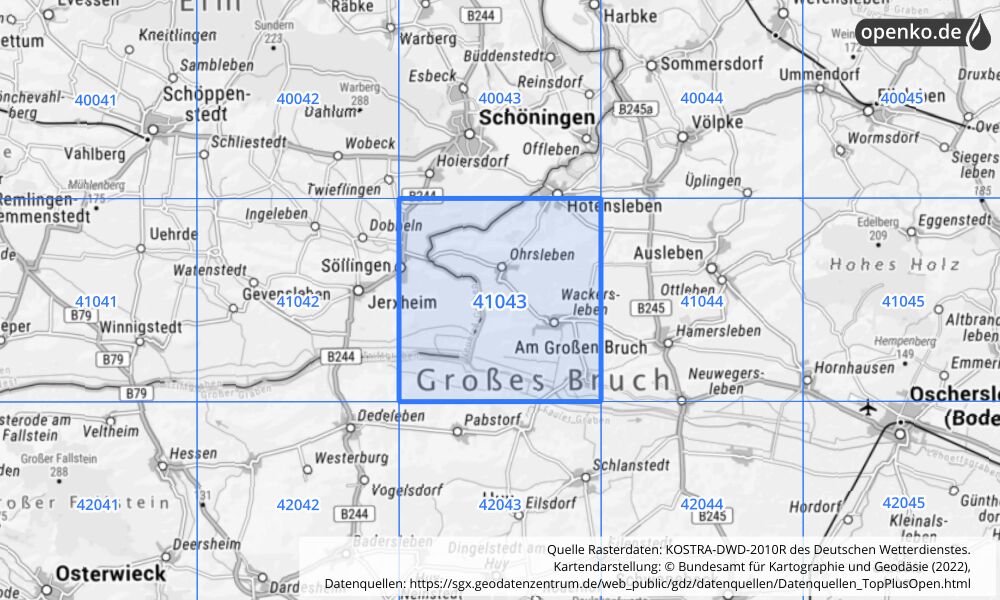 Übersichtskarte KOSTRA-DWD-2010R Rasterfeld Nr. 41043 mit angrenzenden Feldern