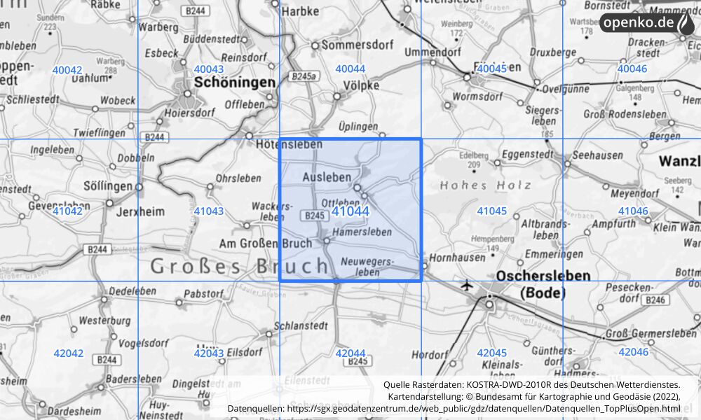 Übersichtskarte KOSTRA-DWD-2010R Rasterfeld Nr. 41044 mit angrenzenden Feldern