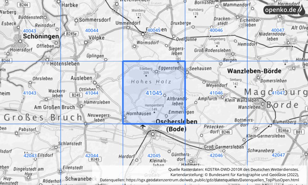 Übersichtskarte KOSTRA-DWD-2010R Rasterfeld Nr. 41045 mit angrenzenden Feldern