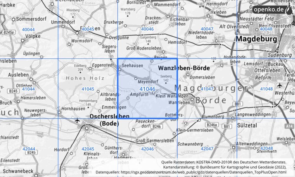 Übersichtskarte KOSTRA-DWD-2010R Rasterfeld Nr. 41046 mit angrenzenden Feldern