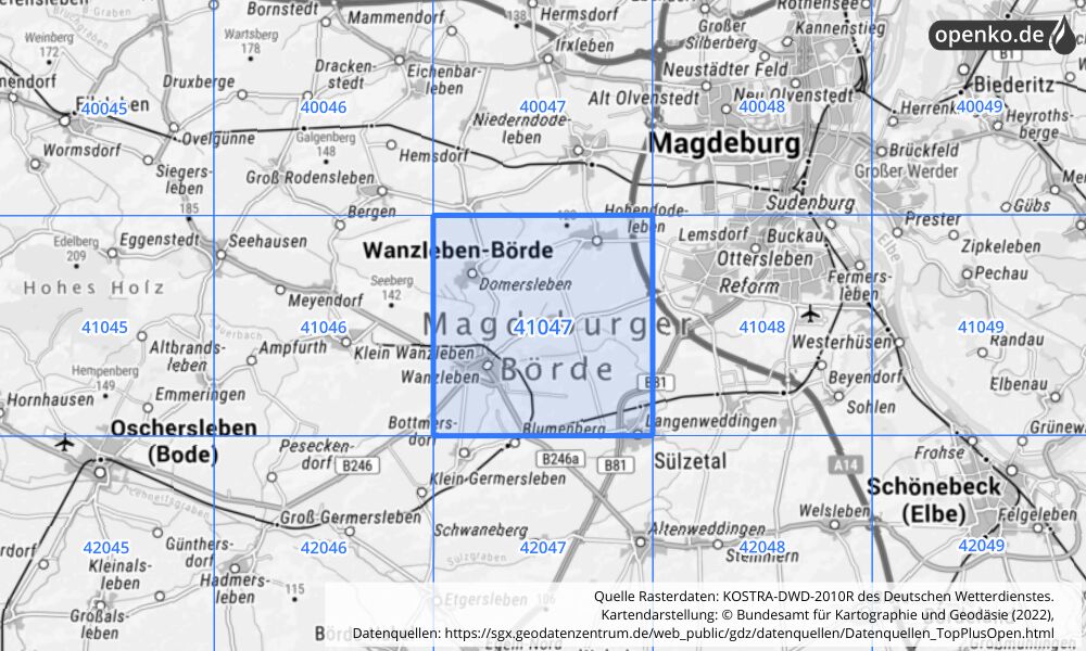 Übersichtskarte KOSTRA-DWD-2010R Rasterfeld Nr. 41047 mit angrenzenden Feldern