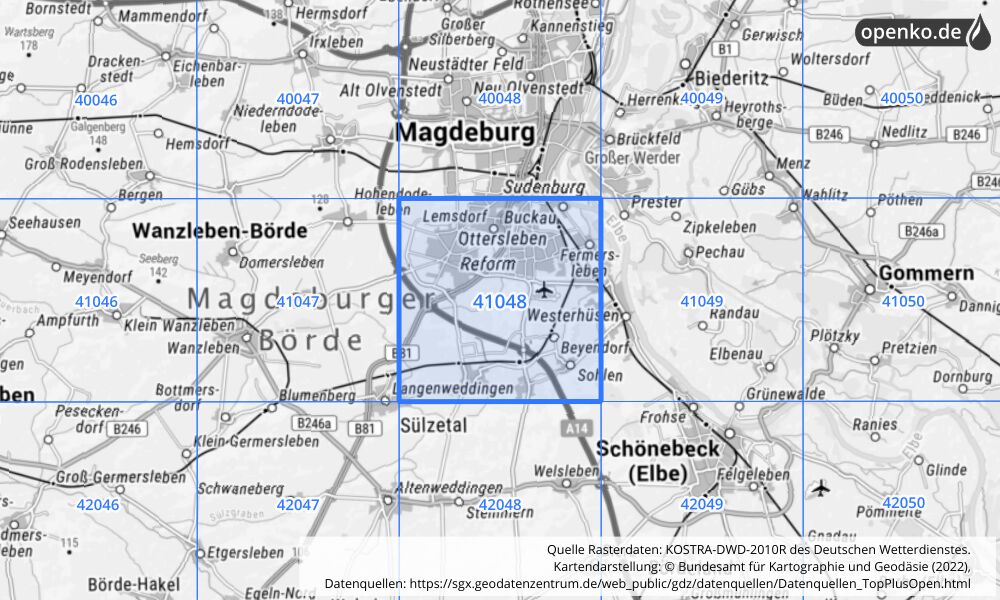 Übersichtskarte KOSTRA-DWD-2010R Rasterfeld Nr. 41048 mit angrenzenden Feldern