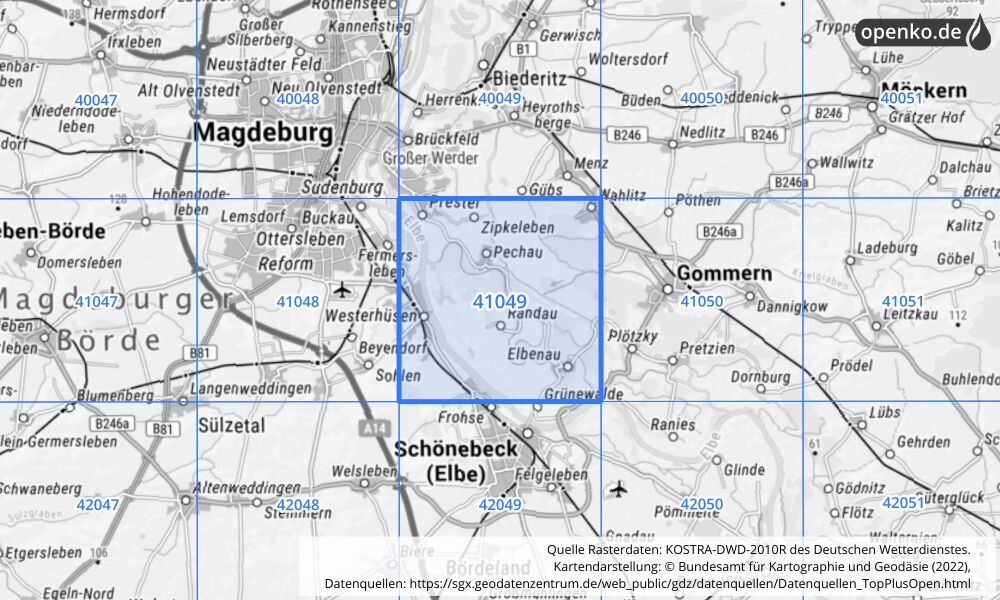 Übersichtskarte KOSTRA-DWD-2010R Rasterfeld Nr. 41049 mit angrenzenden Feldern