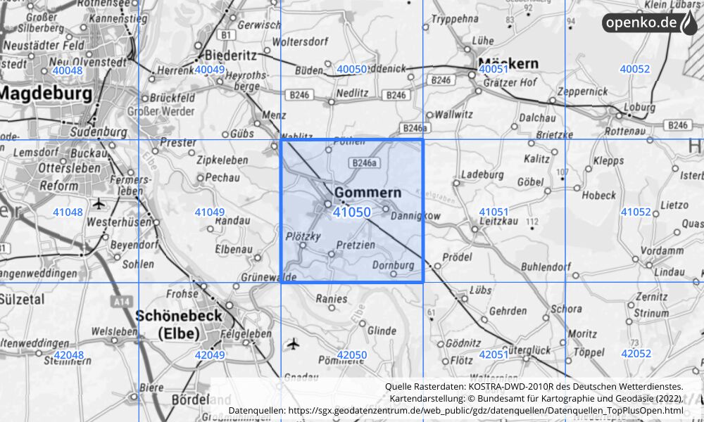 Übersichtskarte KOSTRA-DWD-2010R Rasterfeld Nr. 41050 mit angrenzenden Feldern