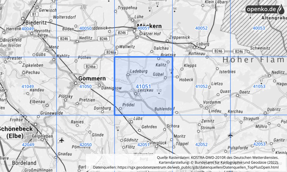 Übersichtskarte KOSTRA-DWD-2010R Rasterfeld Nr. 41051 mit angrenzenden Feldern