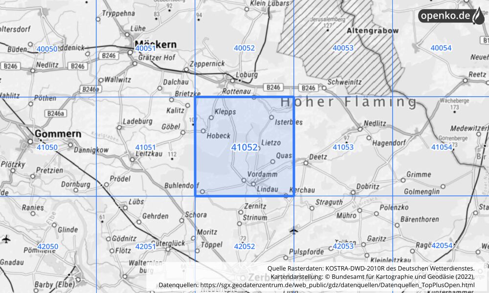 Übersichtskarte KOSTRA-DWD-2010R Rasterfeld Nr. 41052 mit angrenzenden Feldern