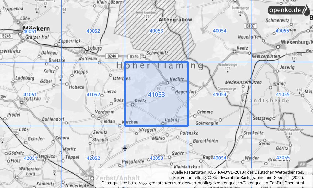 Übersichtskarte KOSTRA-DWD-2010R Rasterfeld Nr. 41053 mit angrenzenden Feldern