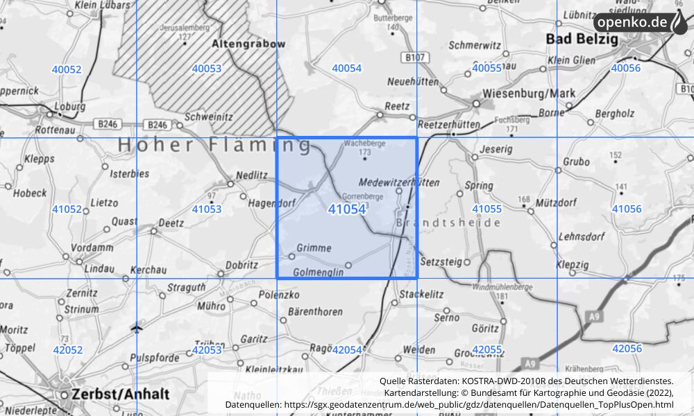 Übersichtskarte KOSTRA-DWD-2010R Rasterfeld Nr. 41054 mit angrenzenden Feldern