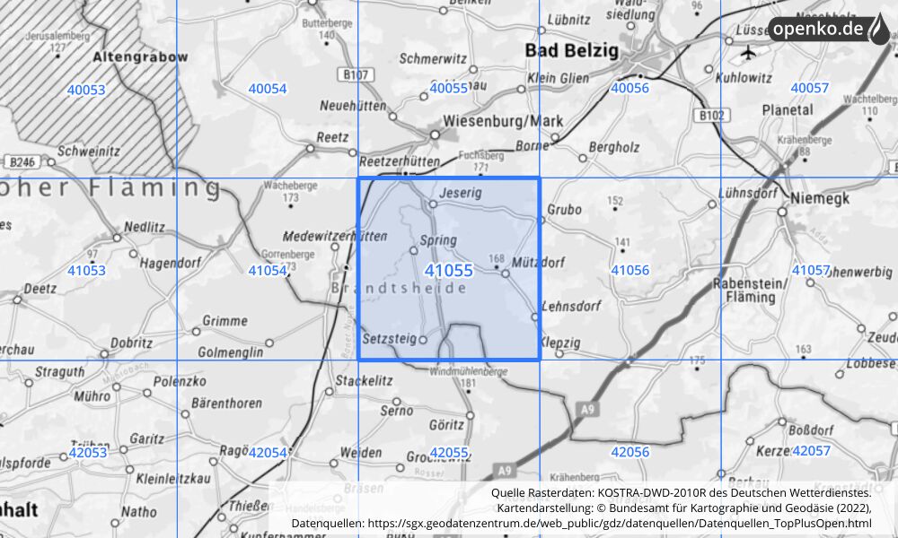 Übersichtskarte KOSTRA-DWD-2010R Rasterfeld Nr. 41055 mit angrenzenden Feldern