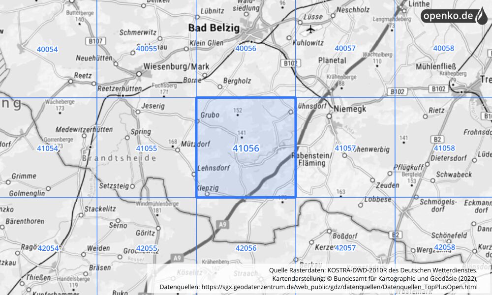 Übersichtskarte KOSTRA-DWD-2010R Rasterfeld Nr. 41056 mit angrenzenden Feldern