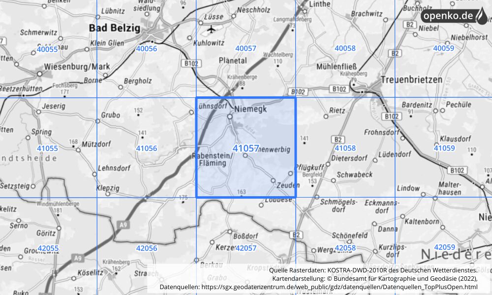 Übersichtskarte KOSTRA-DWD-2010R Rasterfeld Nr. 41057 mit angrenzenden Feldern