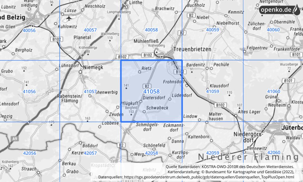 Übersichtskarte KOSTRA-DWD-2010R Rasterfeld Nr. 41058 mit angrenzenden Feldern