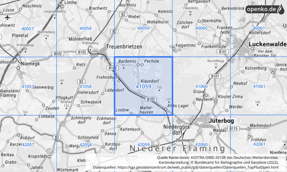 Übersichtskarte KOSTRA-DWD-2010R Rasterfeld Nr. 41059 mit angrenzenden Feldern